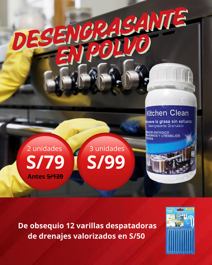 Kitchen Clean-Desengrasante en Polvo Concentrado para Cocina (2 UNIDADES) + obsequio varillas para drenajes